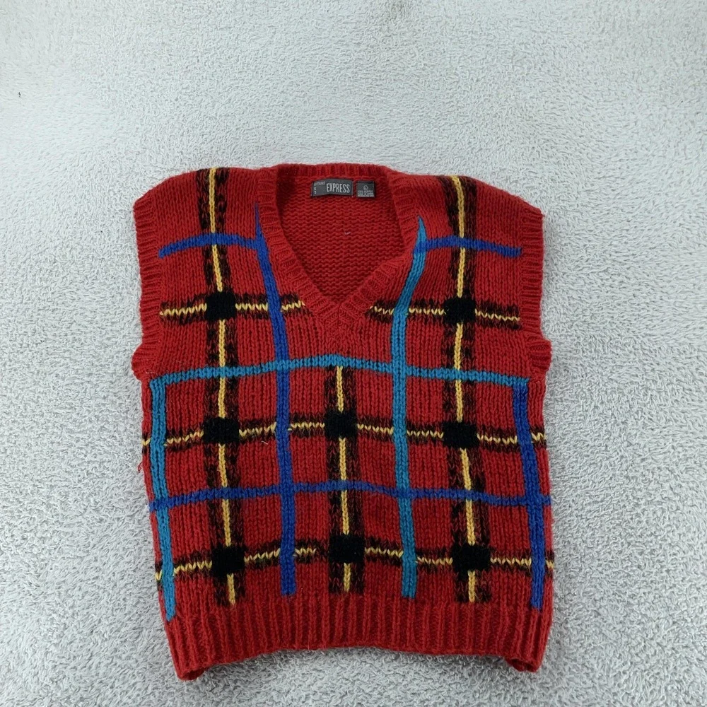 Vintage Gitano Express Sweater Vest Womens Large Red V Neck Plaid Knit 90s‎